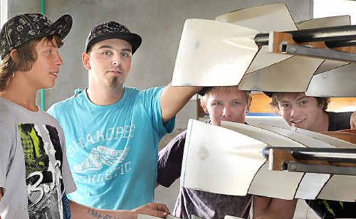 Checking out the oars at the Wide Bay Rowing Club’s open day are (from left) Luke Craig, Damian Donovan, Leadon Slack and Beau Daly. Checking out the oars at the Wide Bay Rowing Club’s open day are (from left) Luke Craig, Damian Donovan, Leadon Slack and Beau Daly.